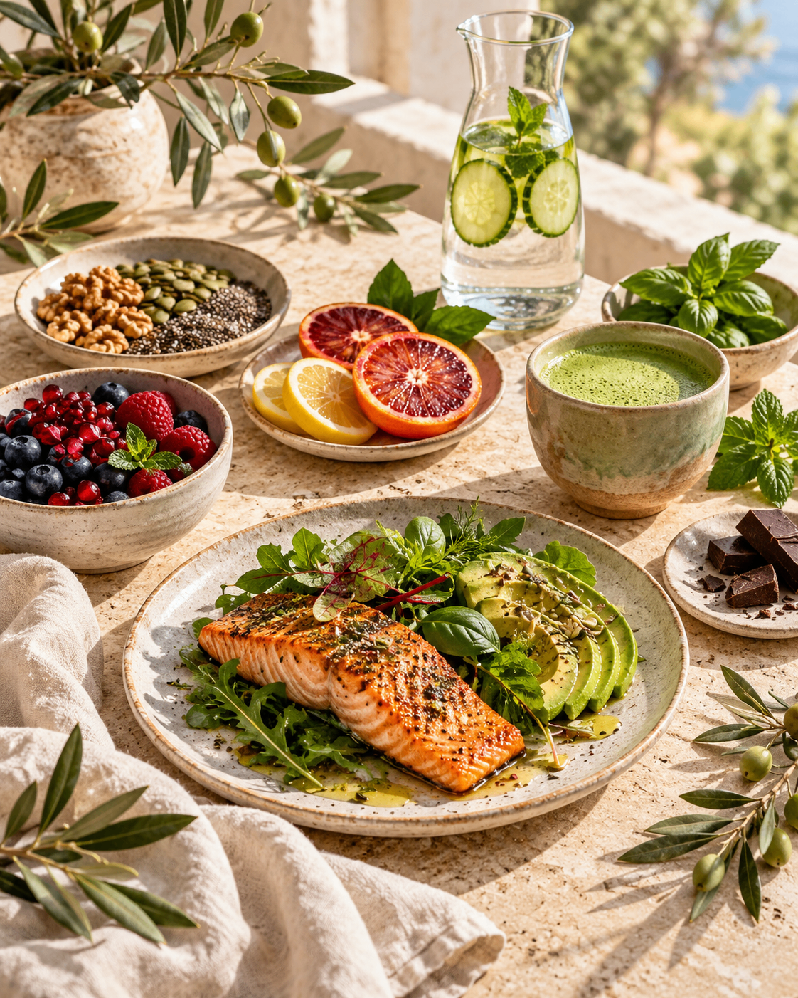 Salmon, avocado and greens with berries, seeds, citrus, matcha and cucumber water on a sunlit table