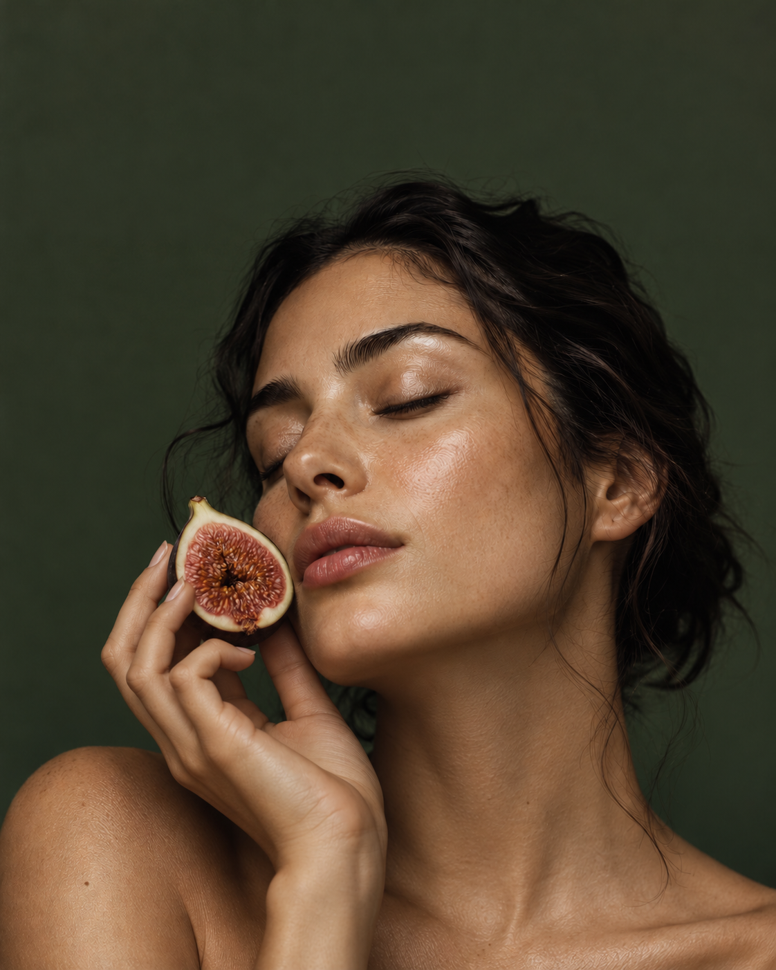 A woman holding a fresh fig beside her face against a deep green backdrop