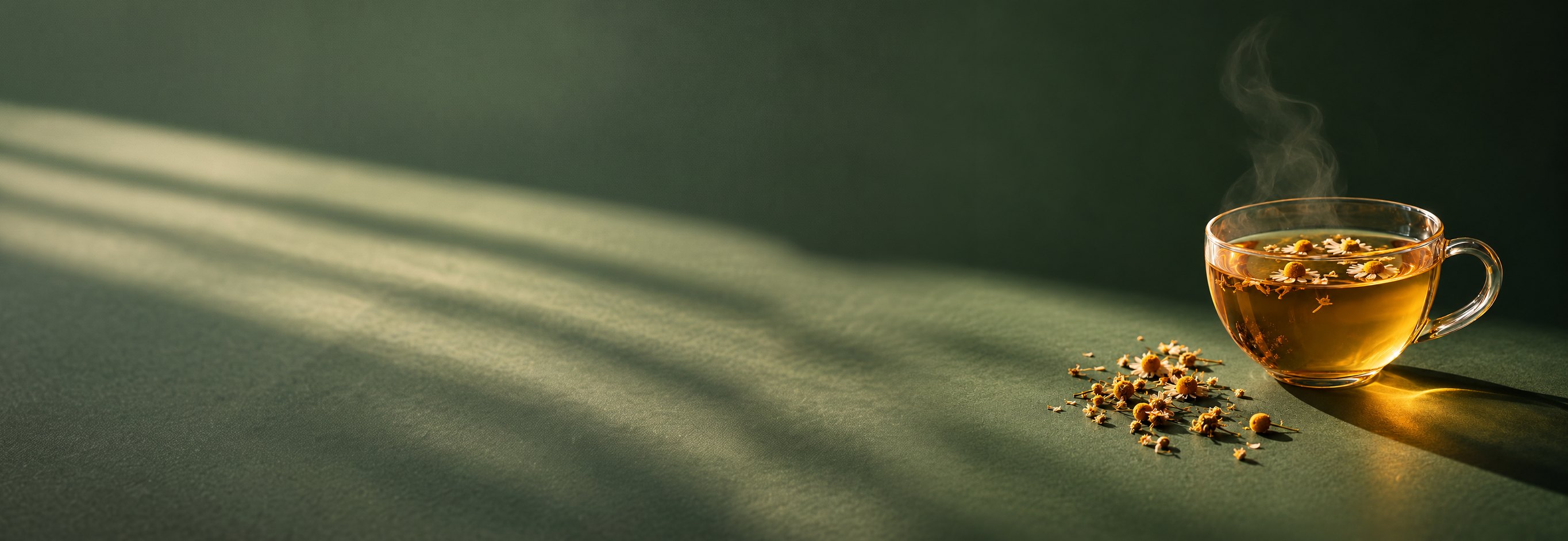 A glass cup of chamomile tea on a deep green background