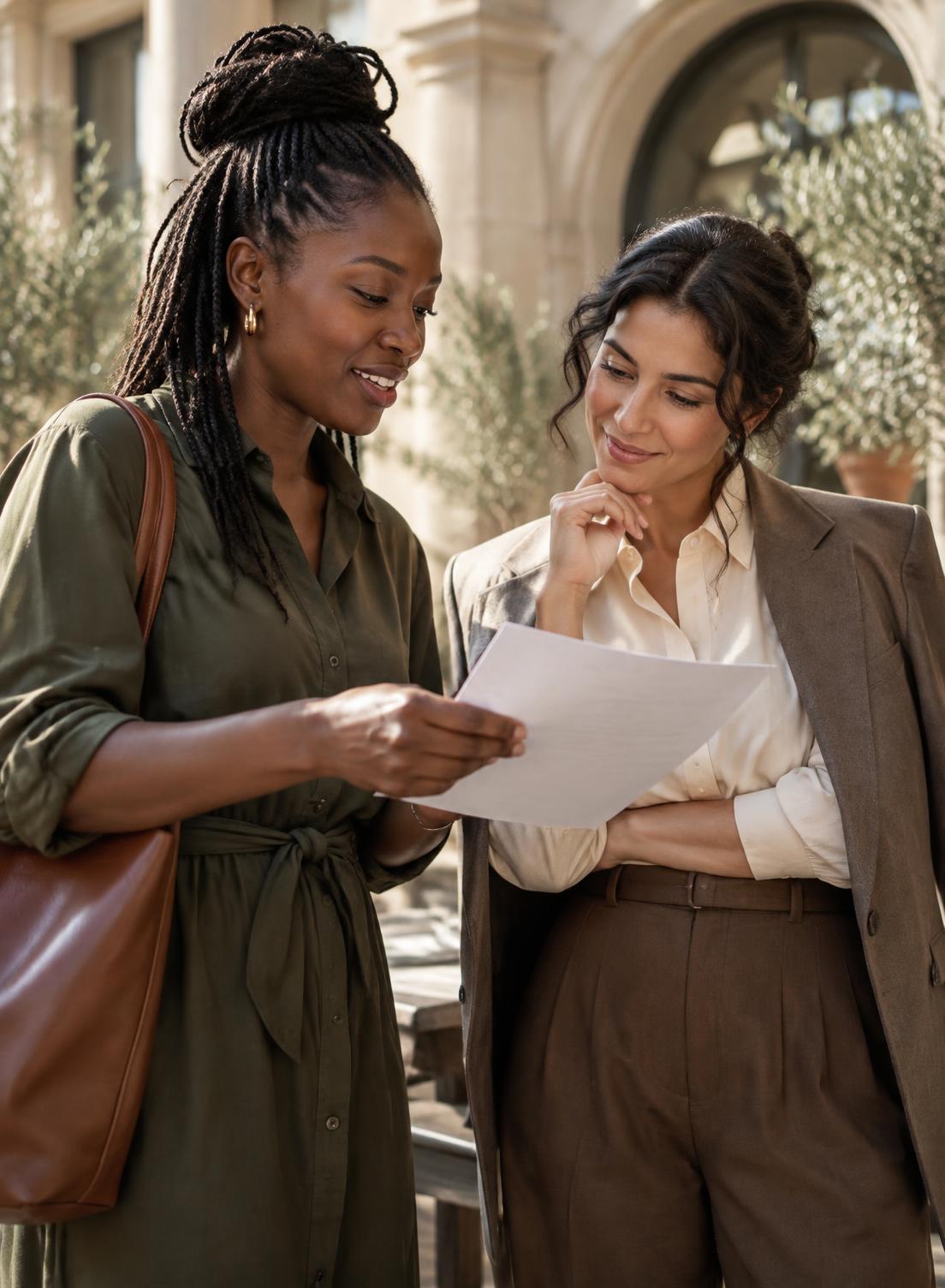 Two community organizers reviewing a document together